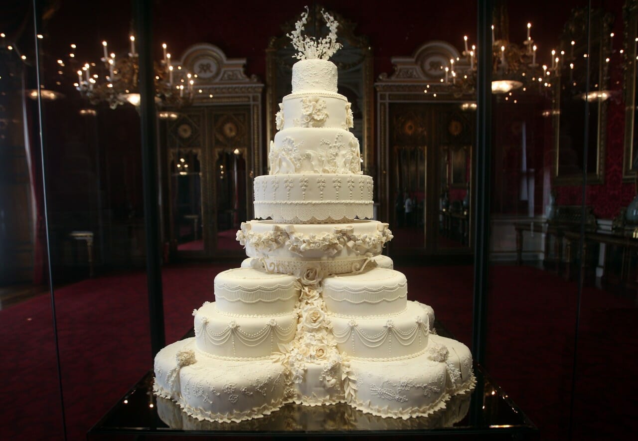 William and Kate's wedding cake covered and decorated with royal icing.