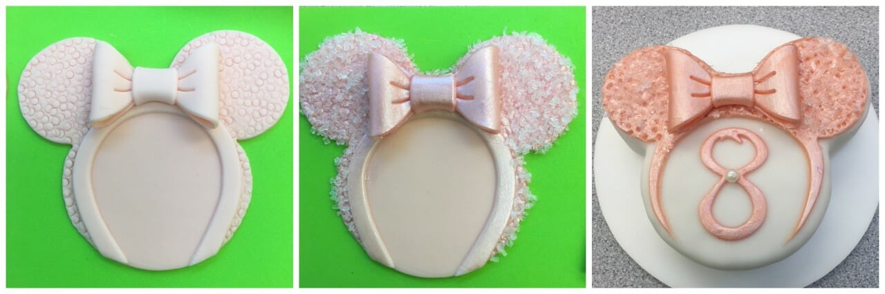 Chef Nicholas's Minnie ears in rose gold (the photo on the left is a shot of the peach color headband before being painted rose gold). The middle and right photo show two shades of rose gold.